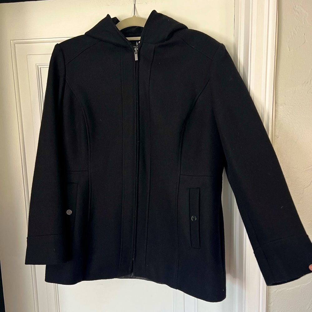 London Fog Wool Blend Hooded Coat Jacket Women’s L Black Zip Front Winter